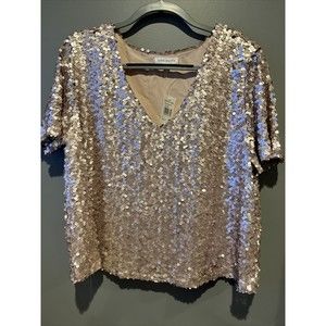 Socialite Blush Pink V Neck Sequin Top Womens SZ XL Short Sleeve Cropped Nylon